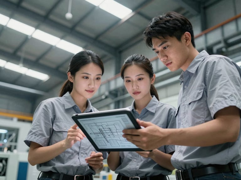 Low-angle heroic shot of an industrial engineering team reviewing schematics on a digital tablet in a modern manufacturing facility, cool steel tones, sharp high-contrast lighting