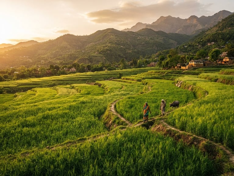Wide environmental landscape of lush green crops in India during golden hour, sharp focus, rich earth tones