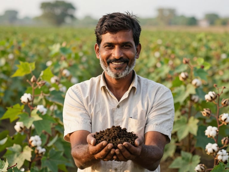 A medium-close portrait of an Indian farmer smiling warmly, holding a handful of rich dark soil, lush green cotton plants in the background, soft natural lighting