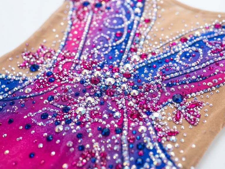 Bright high-key studio photography of a premium rhythmic gymnastics leotard, close-up on sparkling hand-applied crystals, crisp white background, 85mm lens