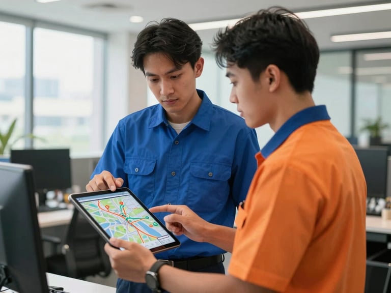 Professional transport coordinator in a modern Jakarta logistics office looking at route maps on a tablet, clean corporate lighting