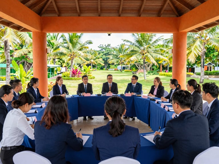 A professional group of business colleagues having an organized outdoor workshop on a modern shaded pavilion overlooking a tropical landscape