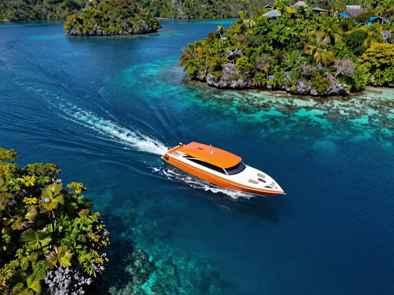 Sweeping aerial view of a modern speedboat navigating turquoise waters between lush green islands in Raja Ampat, bright high-contrast daylight