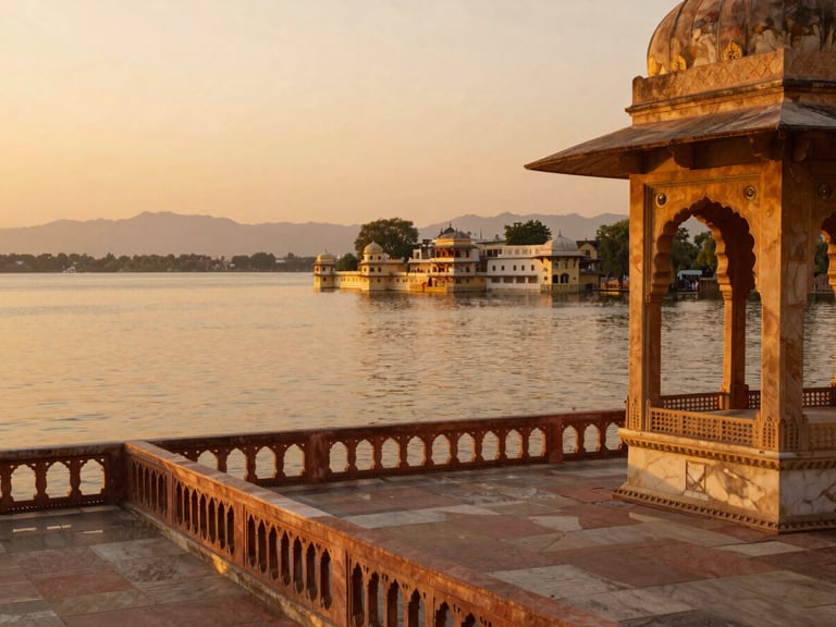 Golden hour sunset over Udaipur lake from a high-contrast marble pavilion terrace, warm editorial photography