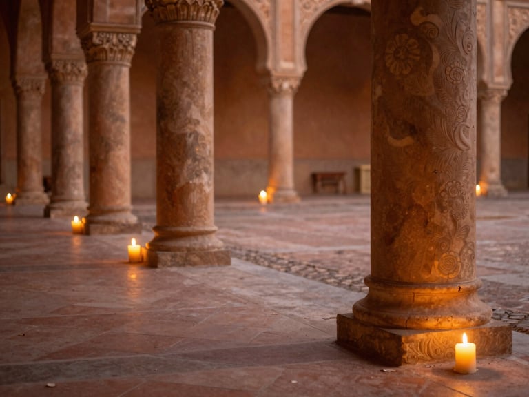 Wide environmental shot of a candle-lit palace courtyard at dusk, flickering warm candle flames casting soft shadows on intricate stone pillars