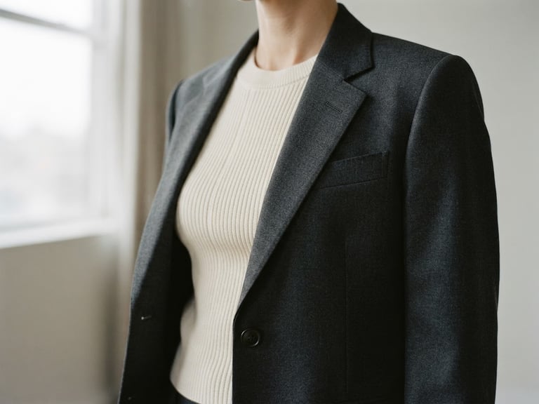 A sharp charcoal tailored blazer draped over a structured knit top, soft overcast window light, 35mm minimalist editorial fashion photography.