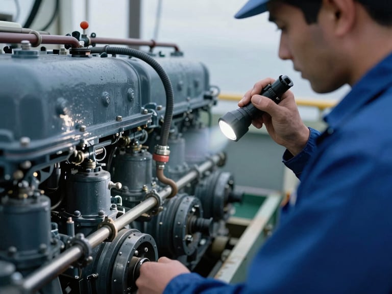 Close-up of a marine engineer inspecting an engine room, using a flashlight to check machinery, high-contrast industrial environment, cool slate and deep blue tones, sharp focus, 35mm