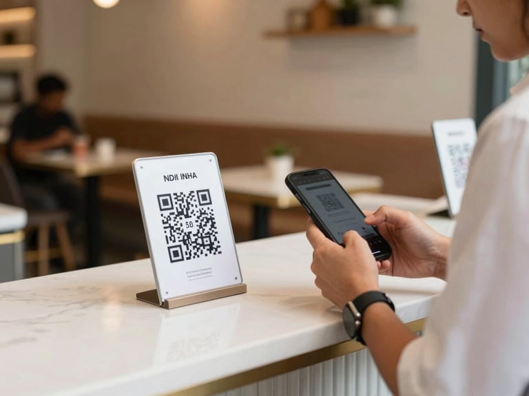 Bright editorial photography of a modern Indian cafe counter, a customer scanning a clean QR code stand with their smartphone, warm daylight, 35mm sharp focus.