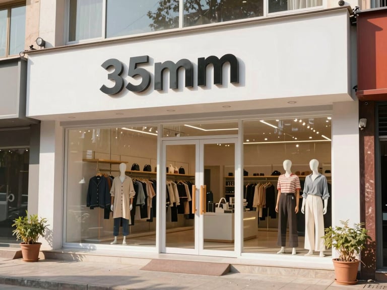 Bright editorial photography of a modern Indian retail storefront, natural daylight, sharp focus, 35mm.