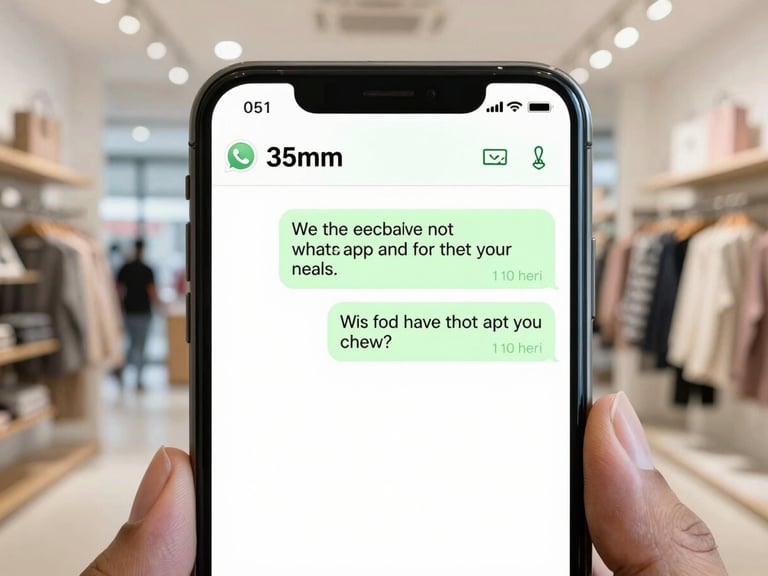 A close-up of a smartphone screen showing a personalized WhatsApp message asking for feedback, bright daylight, 35mm.