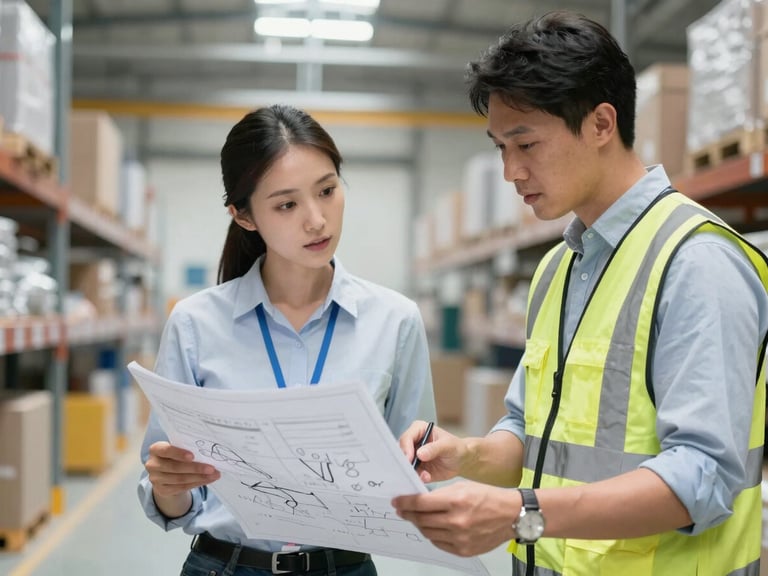 Two corporate safety consultants in clean, professional attire reviewing technical blueprints with an operations director inside a bright, modern logistics hub.