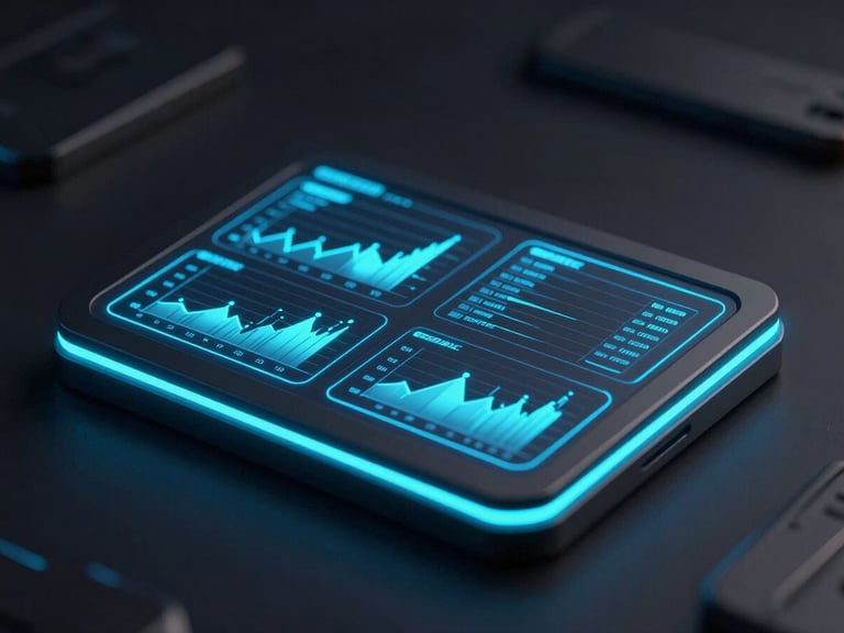 Sleek 3D render of a glowing digital interface displaying data charts, neon indigo edge glows, dark ambient background