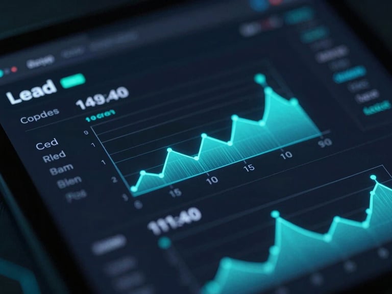 Macro close-up of a dark-mode software interface displaying lead scores and glowing telemetry graphs, high-contrast cybernetic lighting