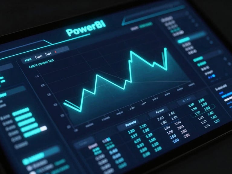 Wide-angle mockup of a custom PowerBI dashboard on a dark screen, glowing neon electric cyan and indigo telemetry lines, high-contrast dark mode tech aesthetic