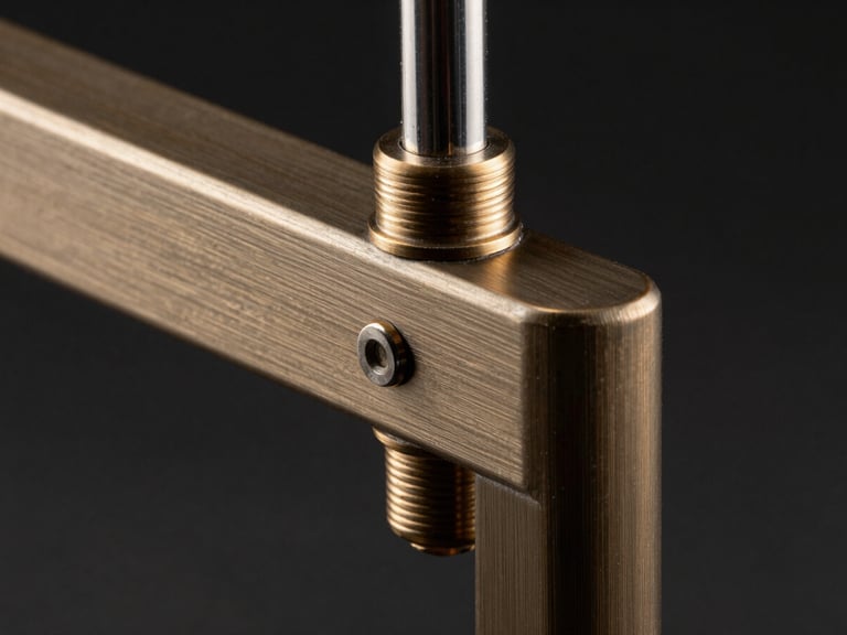 Extreme macro detail of a premium brushed bronze metal joint on a minimalist desk frame, dramatic side-lighting, dark background