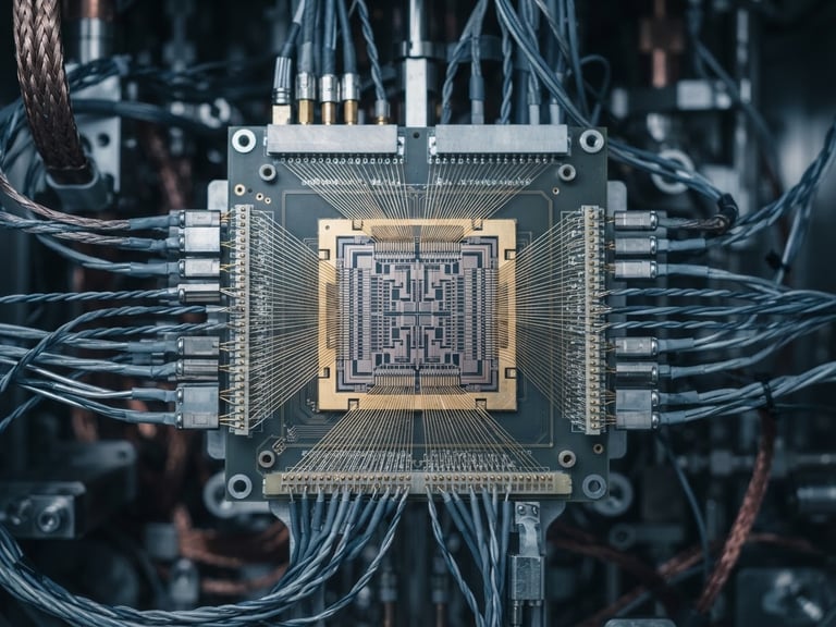 Macro close-up of a raw silicon quantum processor chip prototype under cool natural laboratory light, steel and slate tones, sharp focus, 35mm
