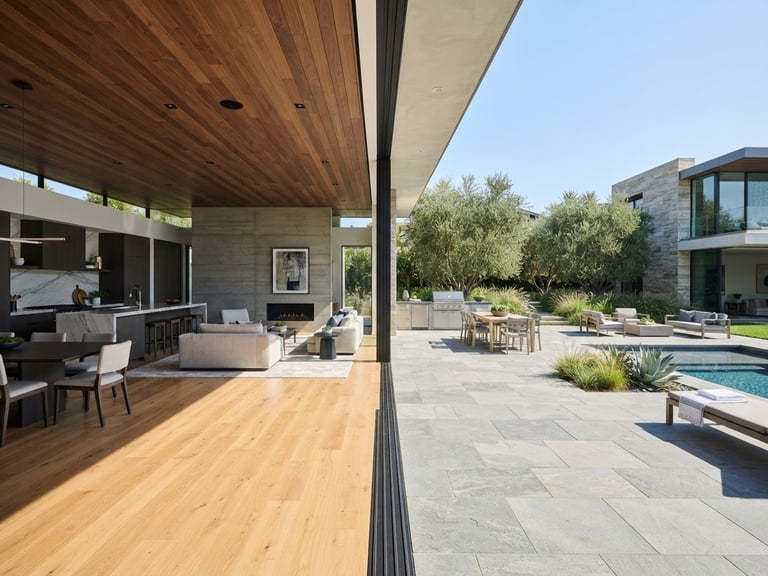 Wide-angle architectural photograph of a modern home interior transitioning to an exterior stone patio, crisp natural daylight, sharp material joins, editorial style.