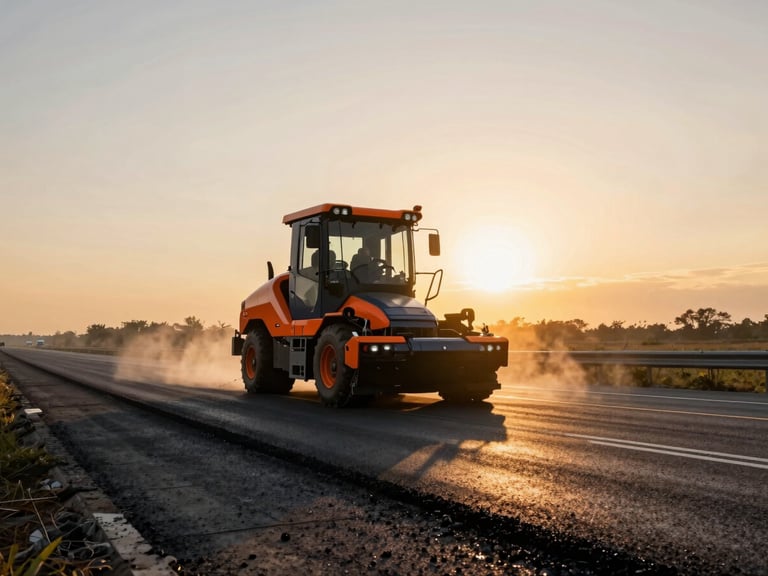 Wide panoramic shot of an asphalt paver laying fresh black tarmac on a wide highway under intense golden sunset light, steam rising, high contrast, warm editorial architectural photography