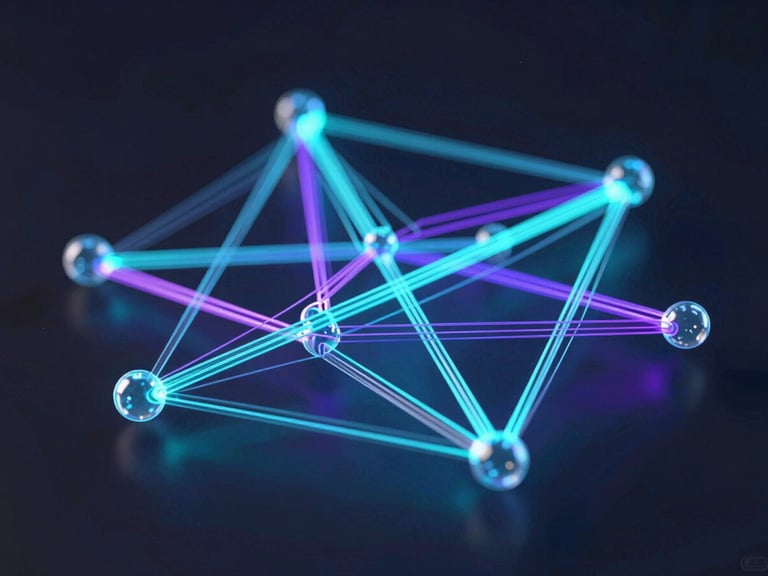 High-fidelity abstract 3D nodes, structural system architecture diagrams, glowing cyan and violet lines on a dark background.