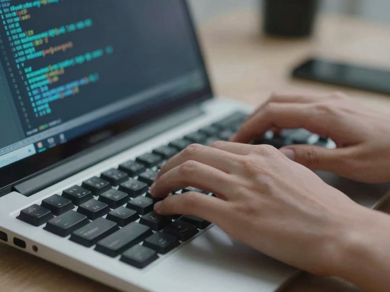 Close-up of hands typing on a mechanical keyboard, code visible on screen with a subtle cyan glow, cool daylight, focused on the hands and keyboard, shallow depth of field.