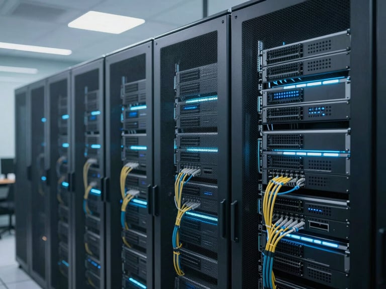 Wide environmental office shot of clean server racks with neatly organized cabling in a modern data center, cool crisp daylight, subtle blue ambient lighting, focused on the racks with a blurred background.