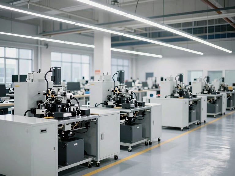 Crisp industrial photography of a modern, organized manufacturing floor, bright natural daylight, clean high-contrast tones, wide-angle environmental framing.