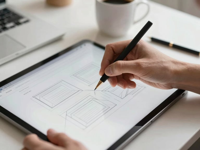 A tight macro shot of a designer's hands sketching a website wireframe on a tablet. The screen glows softly, showing clean geometric layout lines. The background is a bright, sunlit studio desk with a coffee mug, soft focus.