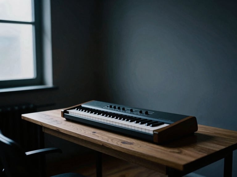 A minimalist empty creative studio space with a single analog synthesizer on a wood desk, cool-toned single-source window light casting deep shadows, 35mm.
