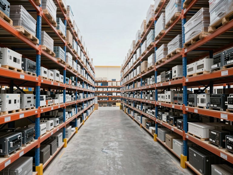 A wide-angle panoramic view of a modern, organized logistics warehouse in Dubai, rows of high-bay shelving filled with electrical components, bright daylight.