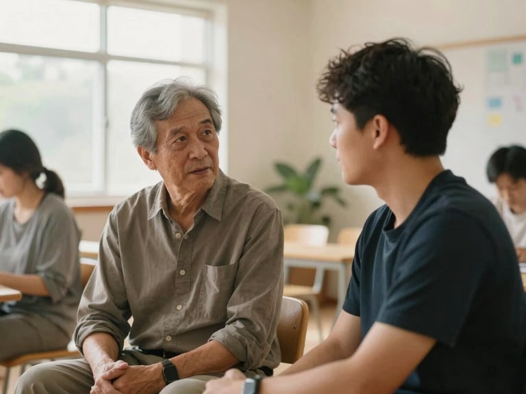 Candid medium shot of two adults in quiet conversation, one older, one younger, in a community center, soft window light, shallow depth of field, warm editorial photography.