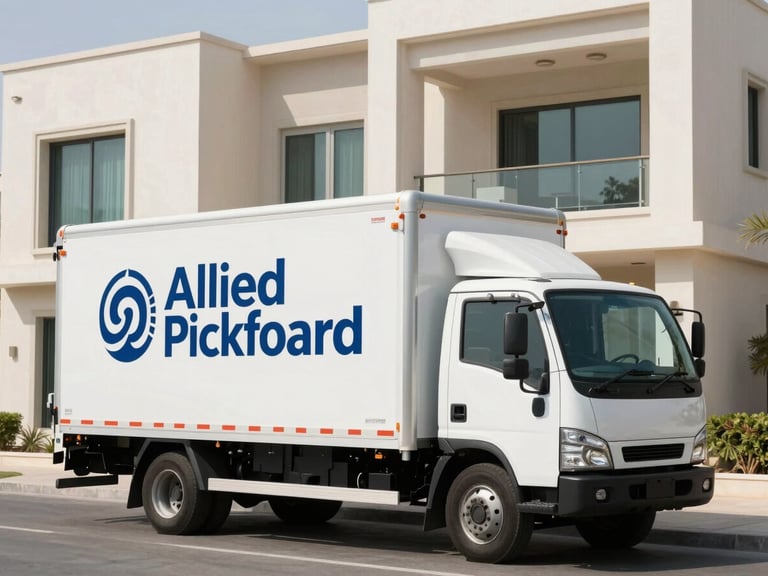 A clean, branded Allied Pickfoard moving truck parked in front of a modern UAE villa, bright morning daylight, crisp documentary style, 35mm lens