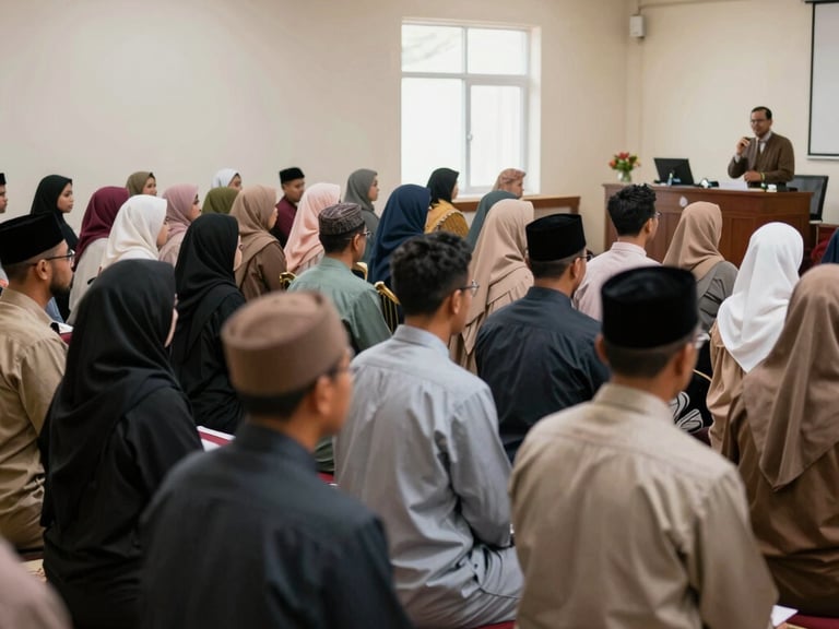 A group of postgraduate students presenting research findings in a modern seminar room, bright natural indoor lighting, deep green and gold accents