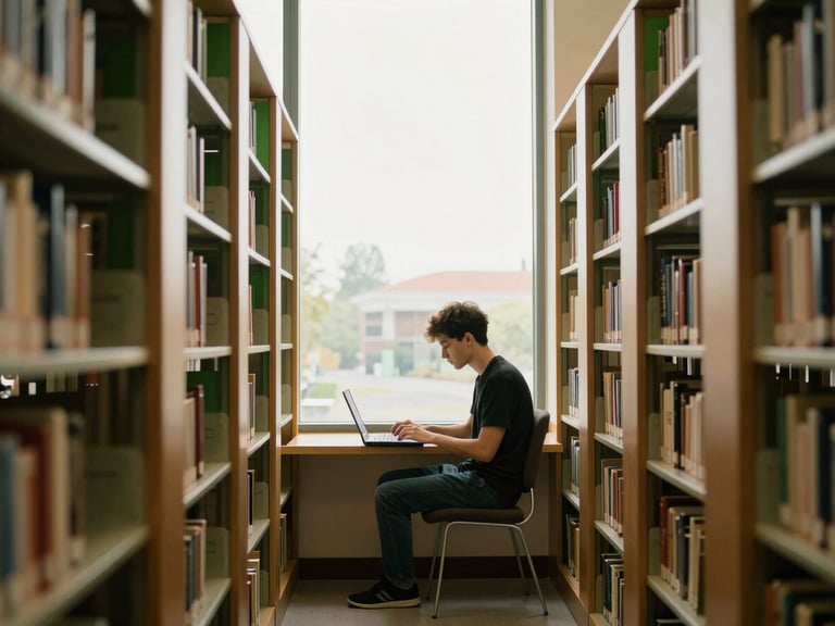 A postgraduate student researching on a laptop in a modern library, soft window light, deep green and gold tones, structured grid layouts