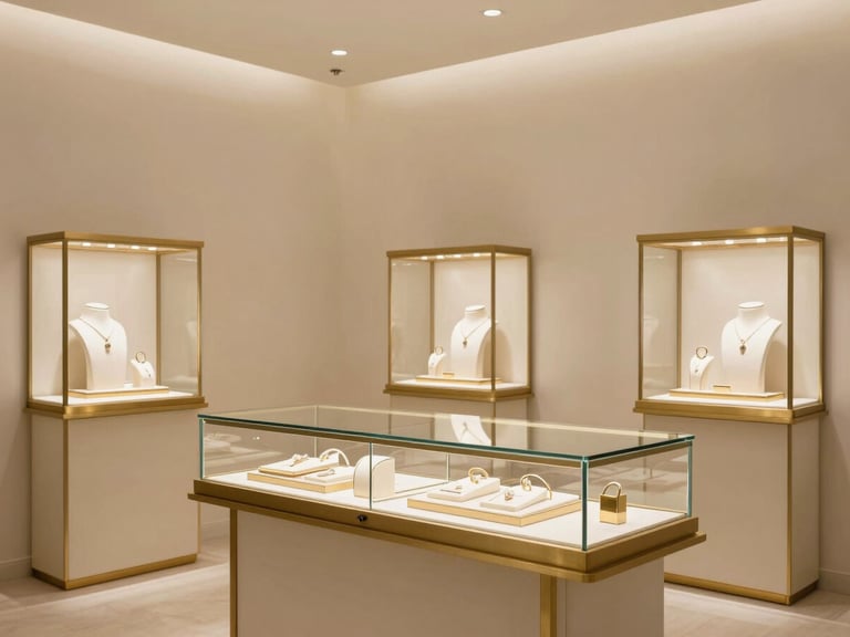 Elegant minimalist showroom interior with warm diffused lighting, champagne gold accents, and glass display cases showcasing fine jewellery, 85mm
