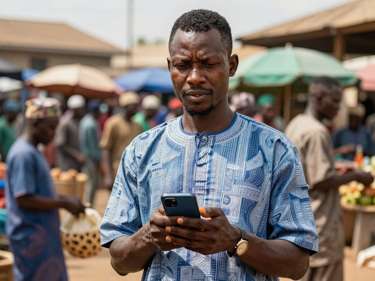 Dignified portrait of a Cameroonian merchant in an active Douala market environment, holding a smartphone showing a transaction confirmation, bright natural daylight, crisp focus.