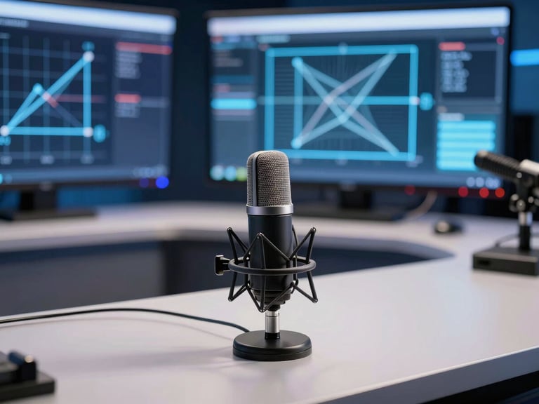A sleek broadcast studio desk with professional condenser microphone, glowing digital screens displaying geometric math equations, premium production value.