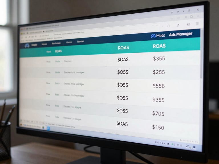 Full-screen desktop monitor capture showing a Meta Ads Manager dashboard with ROAS column highlighted in teal, cool daylight from a window to the left, sharp focus on campaign rows and spend figures, no people visible