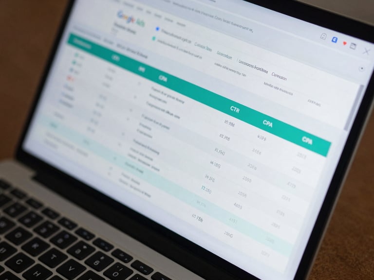 Extreme close-up overhead view of a laptop screen displaying a Google Ads performance dashboard with CTR and CPA metrics highlighted in teal, cool white studio lighting, sharp focus on the data columns, printed report notes visible at the edge of frame