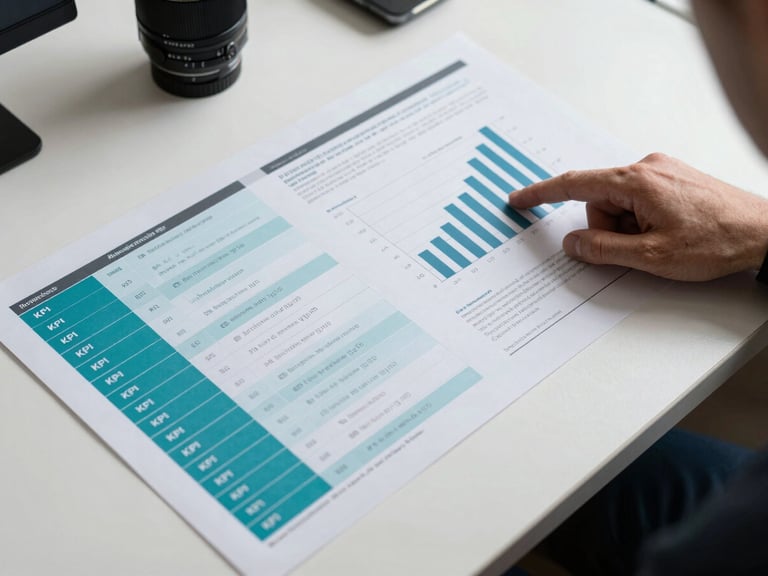 Overhead flat-lay of a printed multi-channel performance report on a clean white desk, highlighted KPI rows in teal, a hand resting at the edge pointing to a bar chart, cool studio light, high contrast