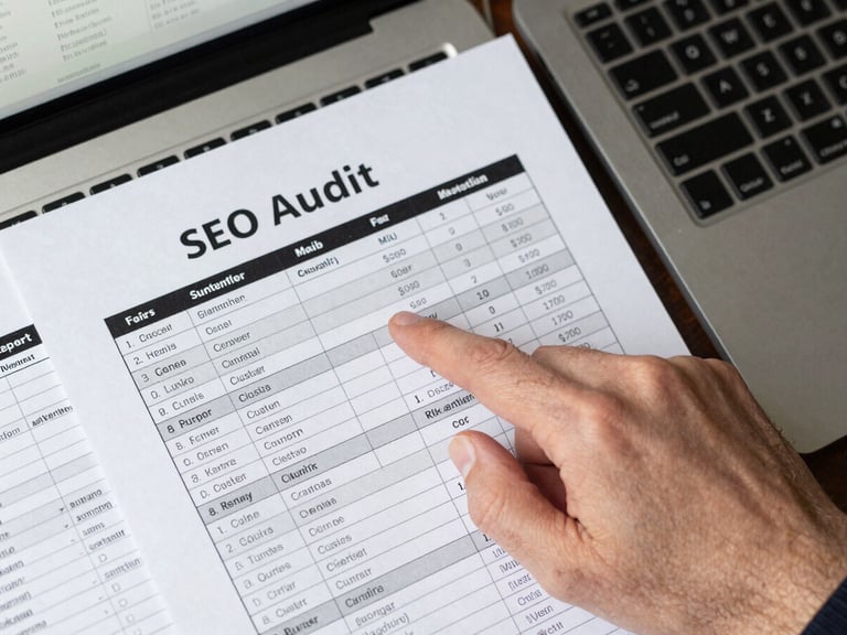 Overhead flat-lay of printed SEO audit report with keyword cluster table, a hand pointing at the top-ranking cluster row, cool white studio light, high contrast, spreadsheet visible in background on laptop screen