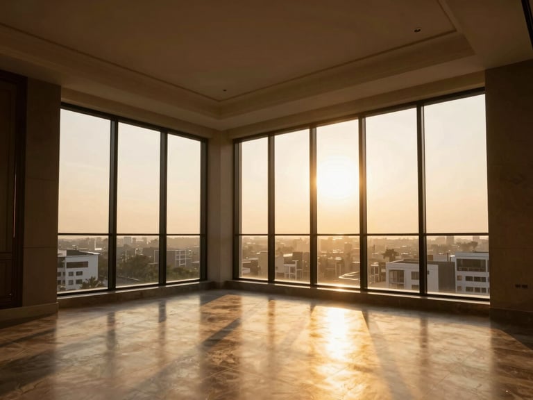 Wide-angle architectural photograph of a sun-drenched modern apartment interior in Mumbai, warm golden-hour sunlight streaming through floor-to-ceiling windows, casting soft long shadows on polished floors.