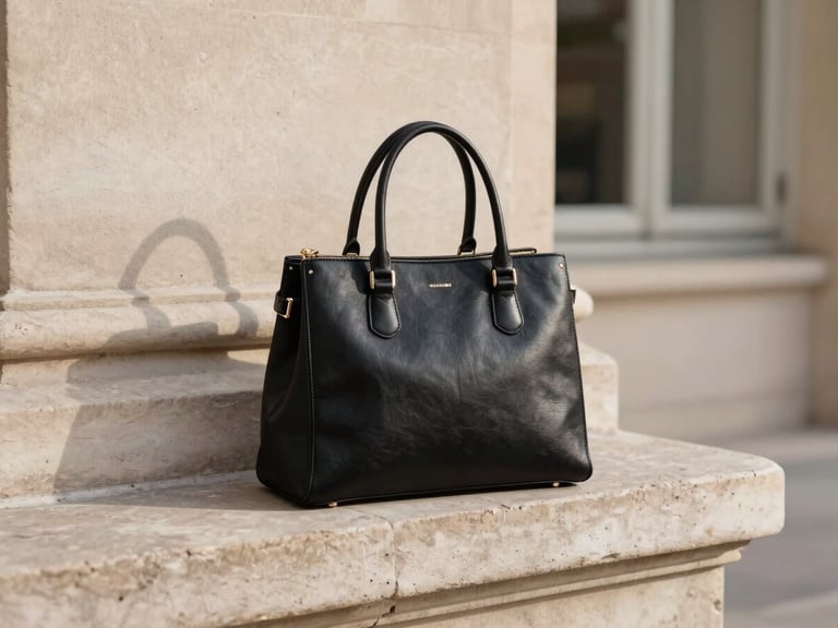 Warm editorial photography of a structured black leather handbag resting on a weathered limestone ledge in Paris, soft morning shadow, 35mm.