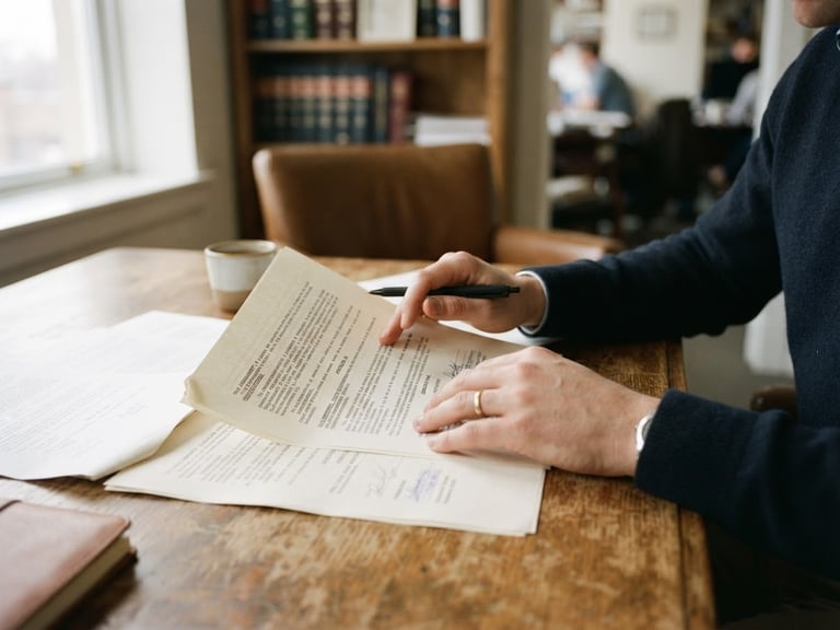 Medium close-up of hands reviewing legal documents on a warm oak desk, soft natural window light, muted tones, shallow depth of field, 35mm.
