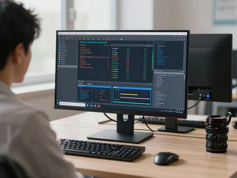Over-the-shoulder perspective of a clean, organized modern workspace with a large monitor showing data flows, crisp neutral daylight