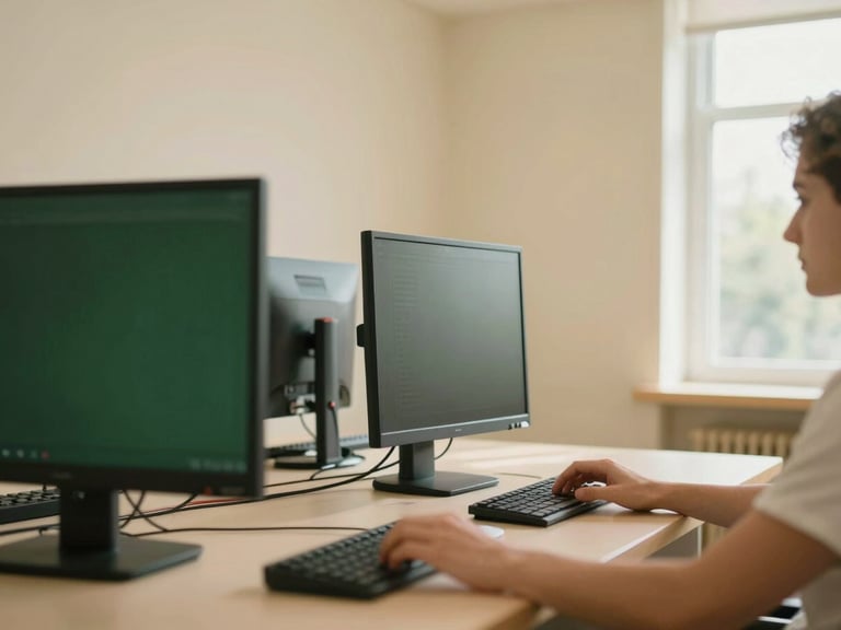 Warm editorial photography of a newly renovated library room, hands-on learning at a modern computer terminal, soft cream walls, natural window light, 35mm