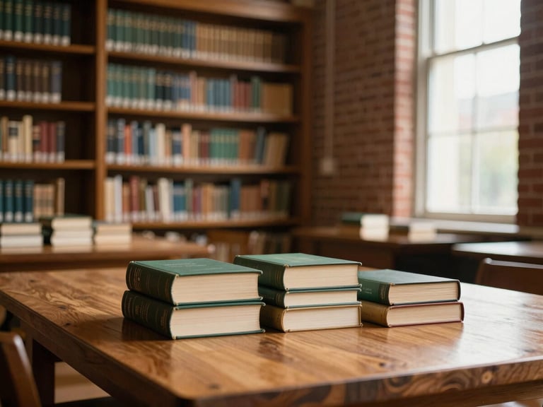 Warm editorial photography of a historic brick library interior, a large wooden table with physical books, warm golden hour tones, shallow depth of field