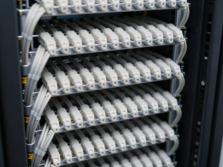 Close-up of meticulously organized structured cabling bundles in a server rack, crisp commercial lighting, sharp focus, industrial tech aesthetic.