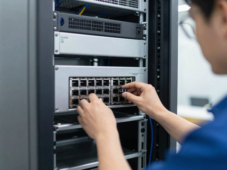 Medium shot of a technician integrating network hardware into a server rack, labeled patch panels visible, clean commercial environment, bright lighting, industrial tech aesthetic.