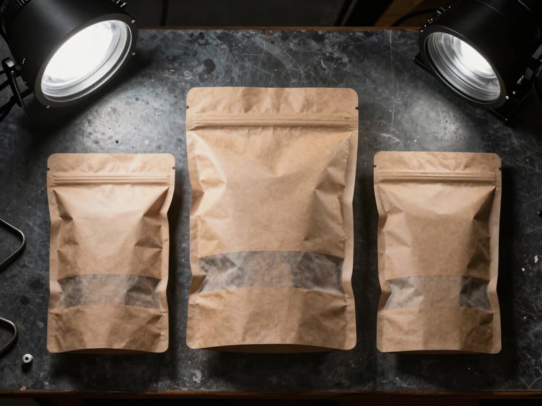 Top-down crisp product flatlay of packaged e-commerce goods on a dark industrial workbench, illuminated by cool studio light.
