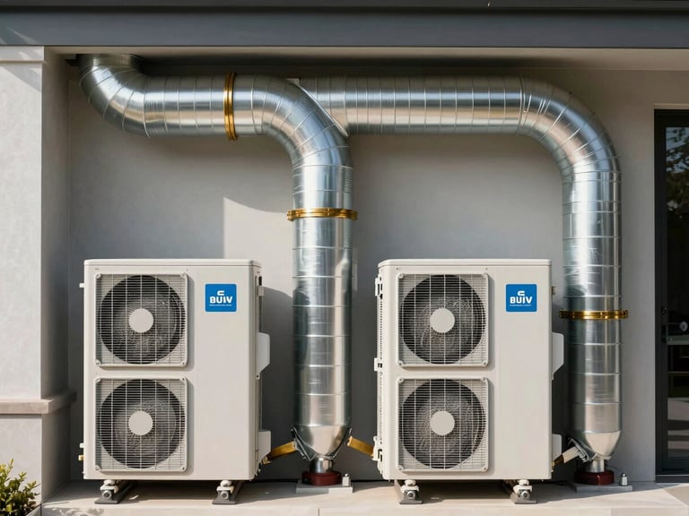 Cleanly installed, high-efficiency HVAC ductwork and units in a luxury villa's utility space, sharp architectural photography, crisp daylight, cool metallic tones.